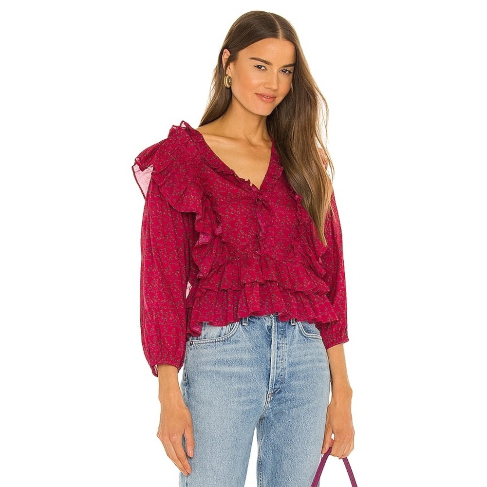 Something Navy Audrey Ruffle Top Pink Floral V-Neck Blouse‎ Size Small